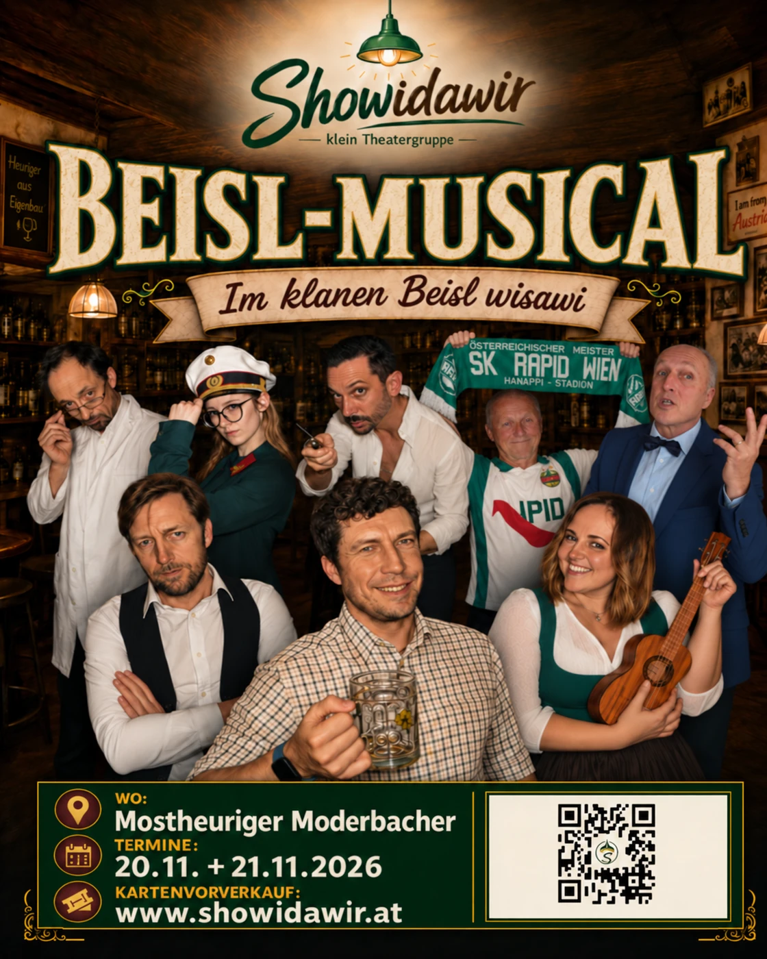 Sujet des Beisl-Musicals: das Ensemble von Showidawir im Mostheurigen